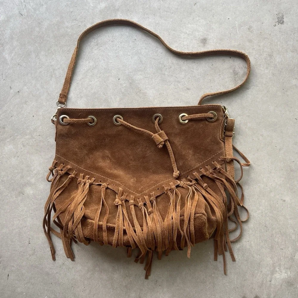Womens Brown Fringe Hobo Shoulder Bag Zip Closure Boho Western Made In Italy